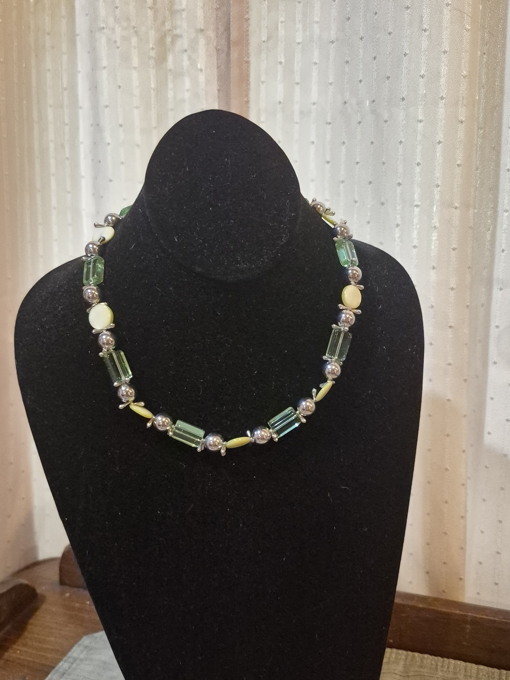 Vintage Green Lucite Block Mother of Pearl Beaded Collar Necklace 21" Adj